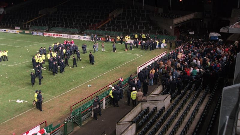 English fans  cause the 1995 international between England and Ireland to be abandoned. Photograph: Inpho/Billy Stickland