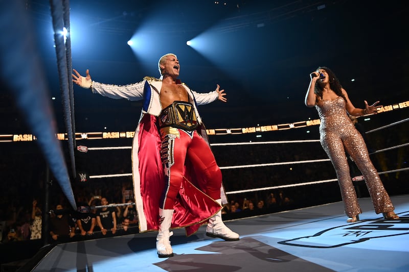 Cody Rhodes is introduced by announcer Samantha Irvin during the WWE Bash in the Berlin Premium Live Event at Uber Arena in August 2024. Photograph: WWE/Getty Images