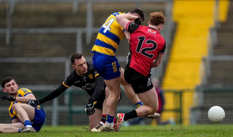 Cian McKeown scores a goal for Roscommon against Down in their Division 2 fixutre at Dr Hyde Park. Photograph: James Lawlor/Inpho