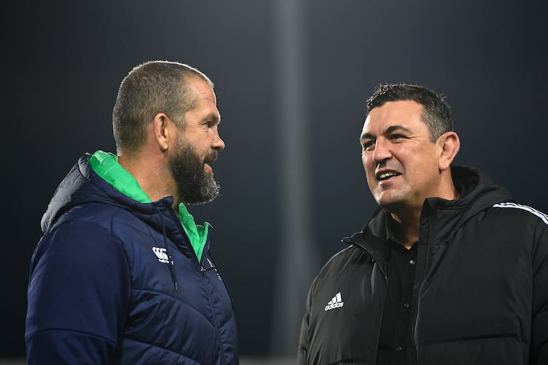 Clayton McMillan speaks to Andy Farrell ahead of a match between the Maori All Blacks and Ireland in 2022. Photograph: Hannah Peters/Getty Images