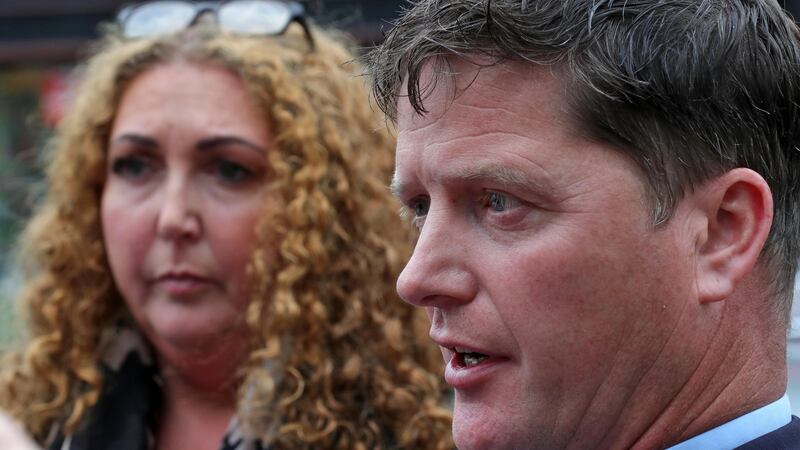 Sean Phillips, father of Siobhan Philips, and his wife Norma Philips at the inquest at Dundalk Courthouse  into the death of Garda Tony Golden who was shot dead by Adrian Crevan Mackin in Omeath in 2015. Photograph: Colin Keegan/Collins