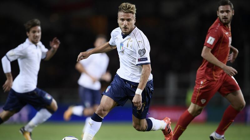 Italy’s  Ciro Immobile in action during the qualifier against  Macedonia  at the Grande Torino Stadium in Turin. Photograph: Marco Bertorello/AFP/Getty Images