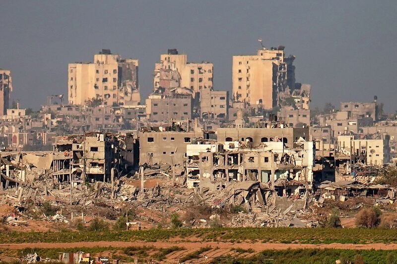 Destroyed buildings of Beit Hanoun in northern Gaza are seen from Sedorot, Israel. Photograph: Christopher Furlong/Getty Images