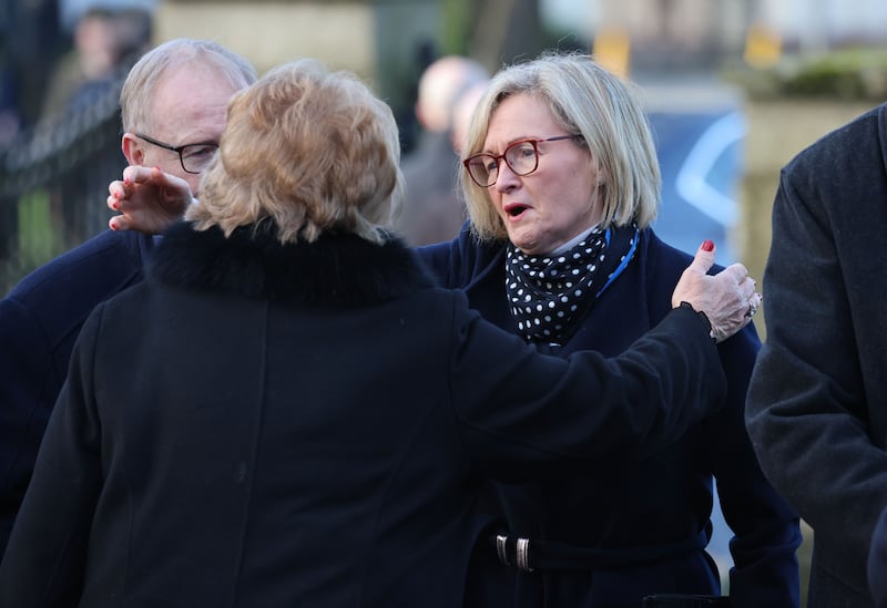 Mairead McGuinness,  European Commissioner, and Fionnuala Kenny, at the State Funeral of former taoiseach, John Bruton at St. Peter and Paul’s Church. Photograph: Dara Mac Dónaill/The Irish Times