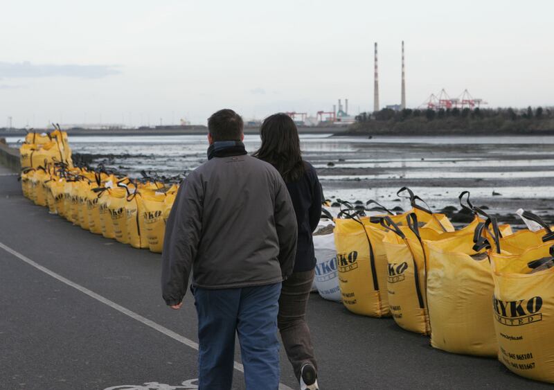 Sand bags at Clontarf are a common sight. Photograph: Cyril Byrne