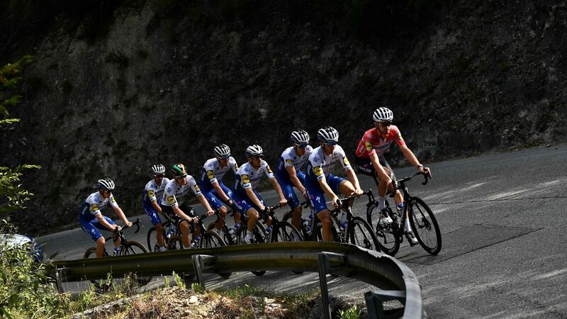 Team Deceuninck Quick Step riders training  on Thursday ahead of the start of the  107th edition of the Tour de France in Nice on Saturday. Photograph: Marco Bertorello/AFP via Getty Images