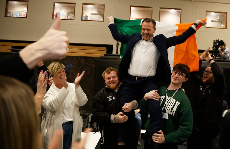 Sinn Féin's John Brady celebrates his election win with family, friends and supporters. Photograph Nick Bradshaw

