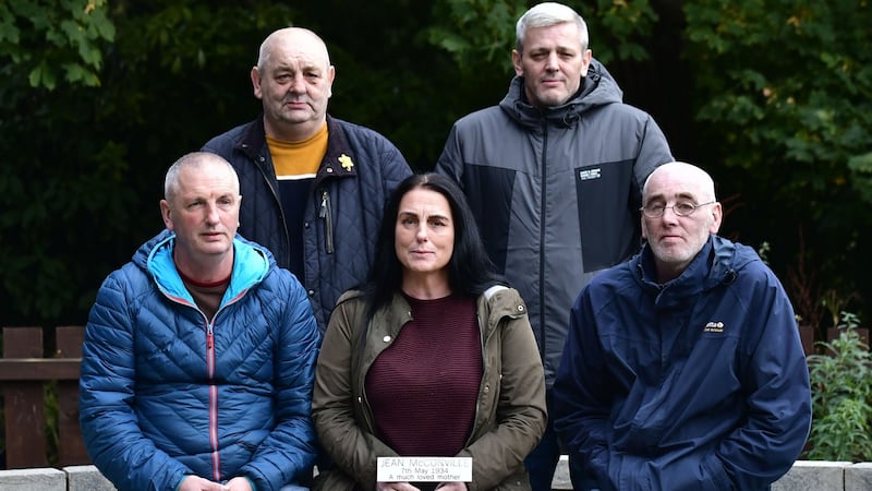 Children of Jean McConville (back row) Archie, James, and (front row) Michael, Susie and Thomas  in Belfast in 2019. Photograph: Colm Lenaghan/Pacemaker