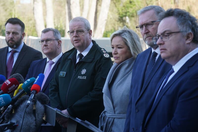 SDLP leader Colum Eastwood, DUP leader Jeffrey Donaldson, PSN Chief Constable Simon Byrne, Sinn Féin deputy leader Michelle O'Neill, UUP leader Doug Beattie and Stephen Farry from the Alliance party speaking to the media outside the PSNI HQ in Belfast where they are meeting following the shooting of DCI Caldwell. Photograph: Brian Lawless/PA