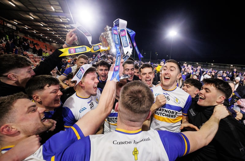 The Errigal Ciarán team celebrate their victory over Kilcoo in the Ulster Senior Football Club Championship final at Athletic Grounds, Armagh on December 8th, 2024. Photograph: Ben Brady/Inpho