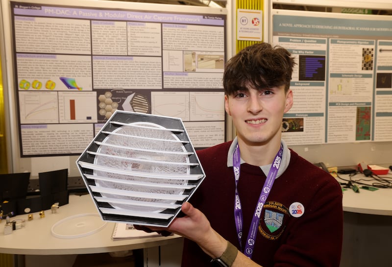 Tomás Markey from St Brogan’s College, Bandon, won Best Individual prize with his project PM-DAC: A System for removing CO2 from the atmosphere. Photograph: Alan Betson

