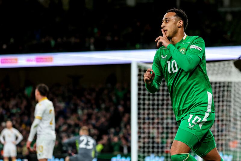 Ireland's Adam Idah gestures after scoring the winning goal against Bulgaria at the Aviva on Sunday. Photograph: Ryan Byrne/Inpho