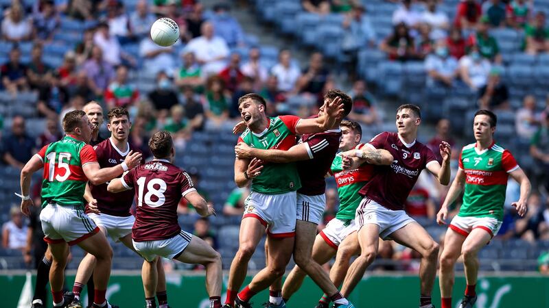 Mayo’s Aidan O’Shea with Paul Conroy of Galway in Connacht final last year. Photograph: Tommy Dickson/Inpho