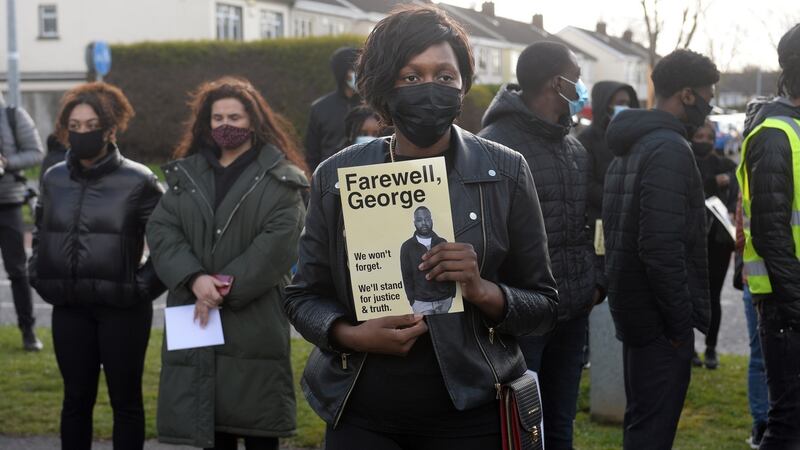 People gathered outside Sacred Heart Church, Huntstown, Dublin where the funeral of George Nkencho took place. Photograph: Dara Mac Dónaill / The Irish Times