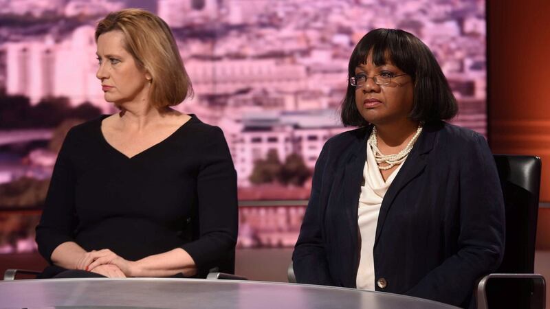 Britain’s home secretary Amber Rudd and Labour’s shadow home secretary Diane Abbott  on the BBC’s Andrew Marr show, where Ms Abbott was questioned about her past support for the IRA. Photograph: Jeff Overs/Reuters