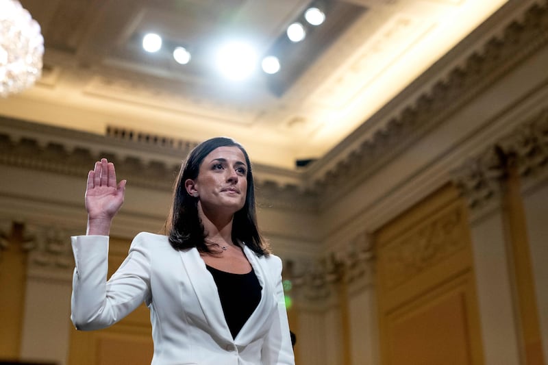 Cassidy Hutchinson, a top aide to former White House chief of staff Mark Meadows, is sworn in during the hearing. Photograph: Stefani Reynolds / AFP via Getty Images