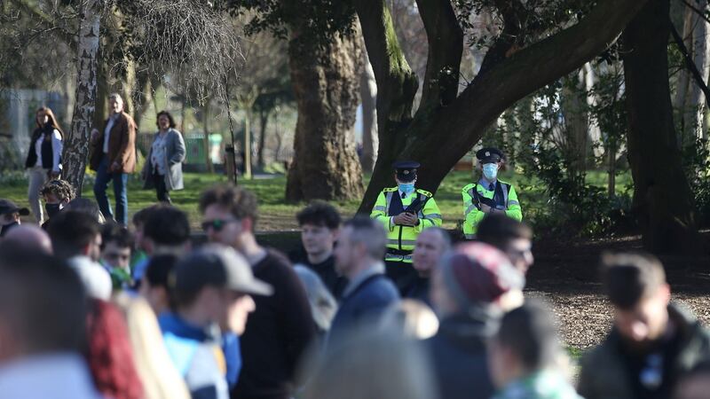 Anti-lockdown protest on St Patrick’s Day in Herbert Park: Since the start of the pandemic, the Garda approach has been to liaise with organisers ahead of time. Photograph: Stephen Collins