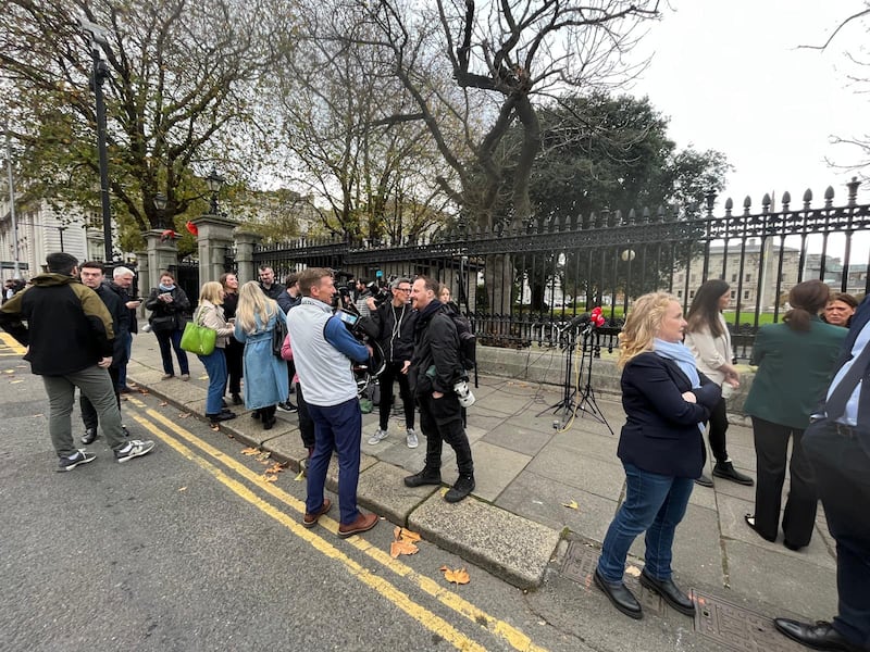 Fianna Fáil candidates gather for media event on the first day of the 2024 general election.