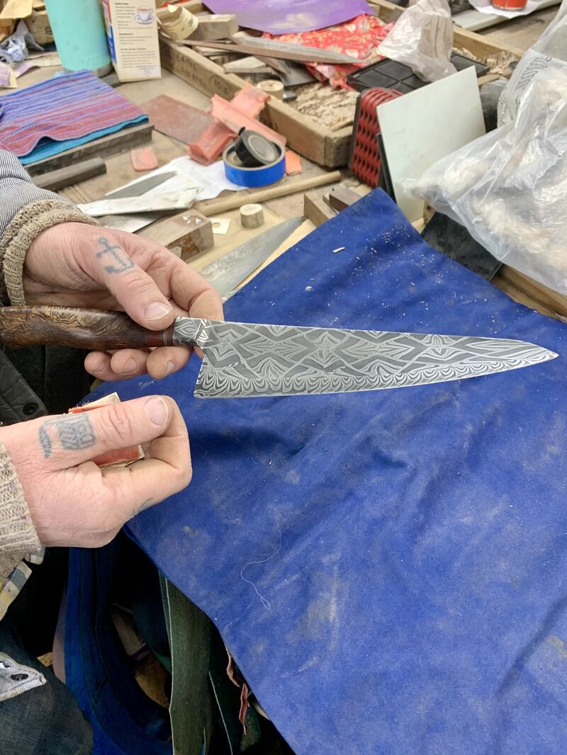 A knife in Sam Gleeson's workshop. He makes exquisite knives that are coveted by chefs, museums and food lovers all over the world.