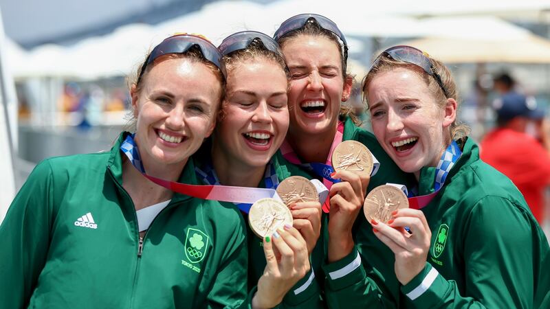 Ireland’s Aifric Keogh, Eimear Lambe, Fiona Murtagh and Emily Hegarty celebrate their bronze medal success in Tokyo. Photograph: Morgan Treacy/Inpho