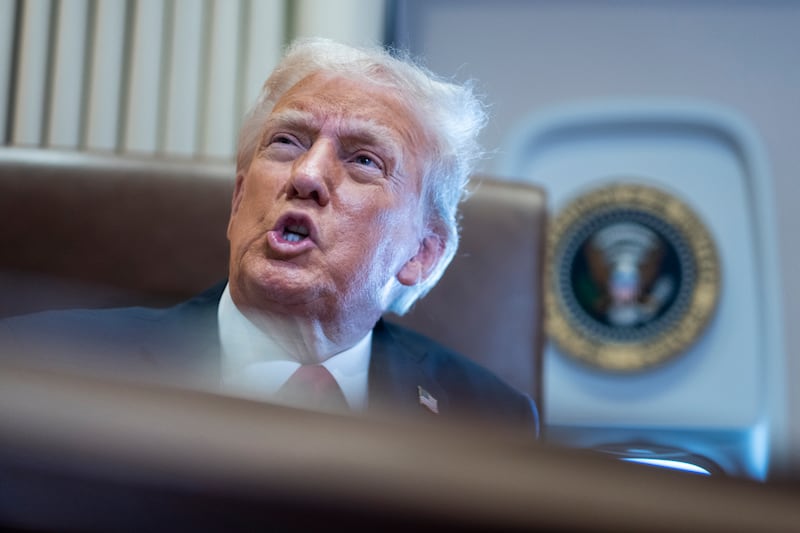 Donald Trump speaks to reporters at the weekend about his proclamation renaming the Gulf of Mexico to the Gulf of America. Photograph: Pete Marovich/The New York Times                 