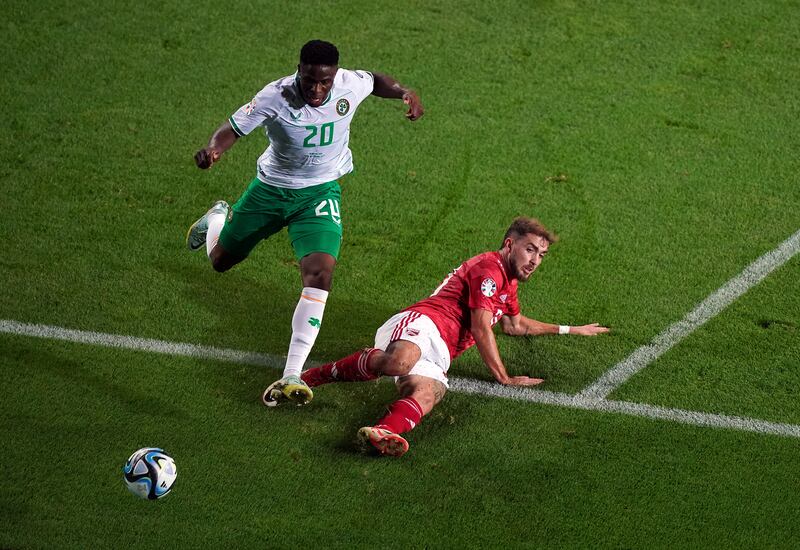 In tandem with Matt Doherty, Chiedozie Ogbene caused Gibraltar no end of problems down the right flank. Photograph: Zac Goodwin/PA Wire.

