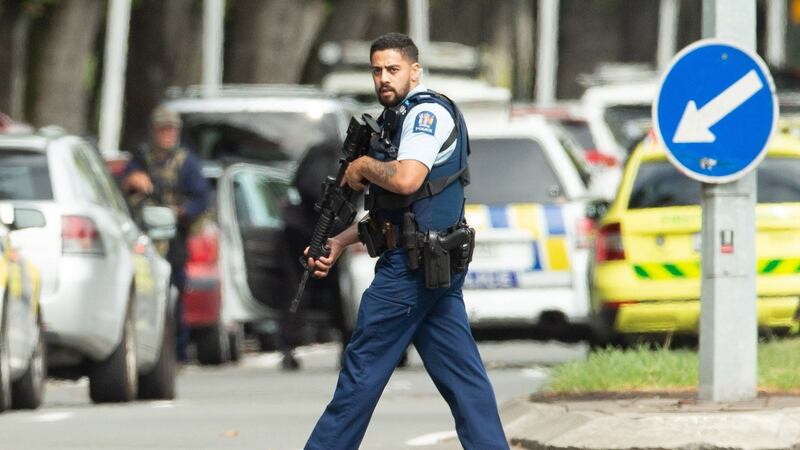 Armed police patrol following a shooting resulting in multiply fatalies and injuries at the Masjid Al Noor on Deans Avenue in Christchurch, New Zealand. Photograph:Martin Hunter/ EPA