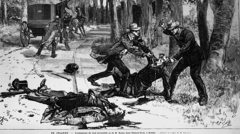 May 6th, 1882: An illustration of the assassination of chief secretary to Ireland Lord Frederick Cavendish and the permanent under-secretary Thomas Henry Burke in Phoenix Park, Dublin, by a group calling themselves the ‘Invincibles’. Photograph: Hulton Archive/Getty Images