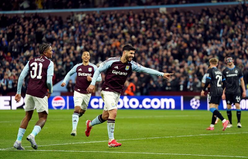 Marco Asensio celebrates scoring Aston Villa's third goal. Photograph: Jacob King/PA