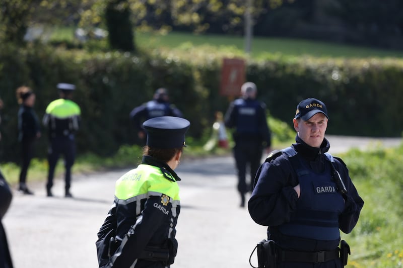 Garda near the premises in River Lodge, known as Trudder House, in Newtownmountkennedy in April. Photograph: Colin Keegan, Collins Dublin