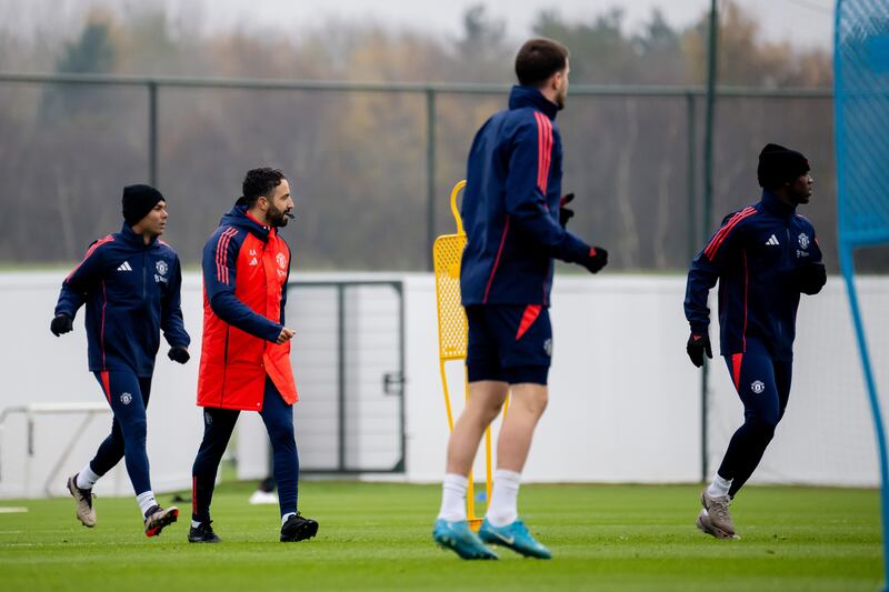 MANCHESTER, ENGLAND - NOVEMBER 18: Ruben Amorim, Manager of Manchester United looks on during the Manchester United training session at Carrington Training Ground on November 18, 2024 in Manchester, England. (Photo by Ash Donelon/Manchester United via Getty Images)