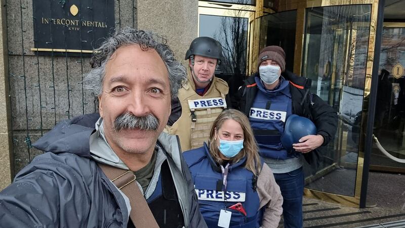 Cameraman Pierre Zakrzewski, left,  with colleagues at the Kyiv Intercontinental Hotel. Photograph: Fox News/AFP via Getty Images