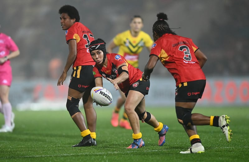 Therese Aiton of Papua New Guinea during a Women's Rugby League World Cup semi-final match against Australia in York in 2022. Photograph: Gareth Copley/Getty