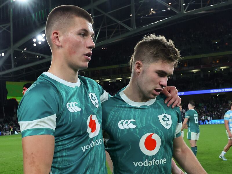 Sam Prendergast and Jack Crowley after Ireland's win over Argentina in the Autumn Nations Series in November. Photograph: Billy Stickland/Inpho