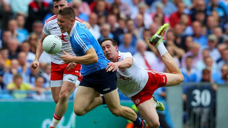 Dublin’s Con O’Callaghan with Colm Cavanagh of Tyrone. Photograph: Tommy Dickson/Inpho