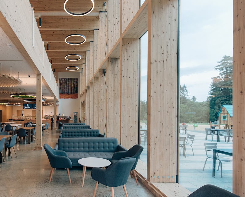 Beyond the Trees, a new visitor centre in Avondale, Co Wicklow. The timber-framed building is the first in Ireland to use long span engineered timber beams made from Irish timber. 