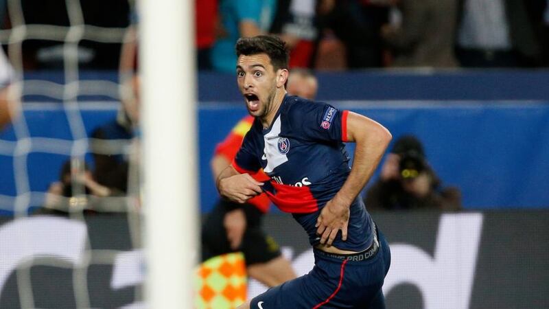 Javier Pastore of Paris Saint Germain watches this goal creep in at the nearpost in Paris.  Photograph: Yoan Valat / EPA