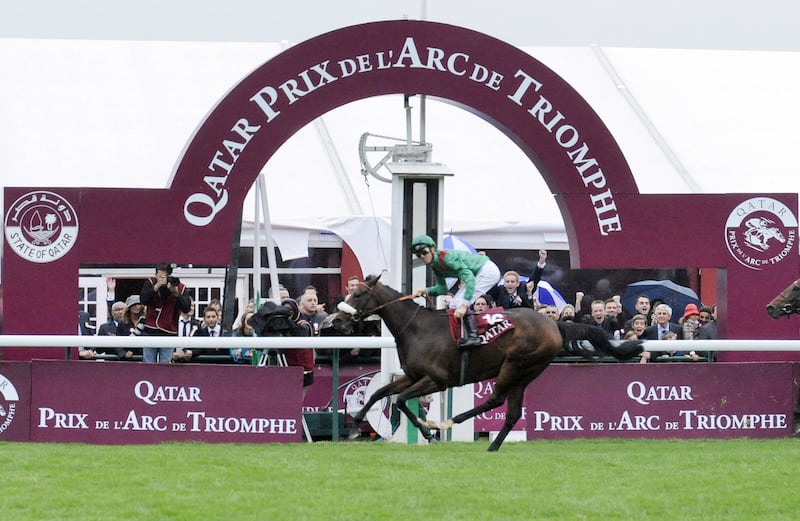 Zarkava wins the 2008 Prix de l'Arc de Triomphe under Belgian jockey Christophe Soumillon at Longcham. Photograph: Stephane de Sakutin/AFP via Getty Images