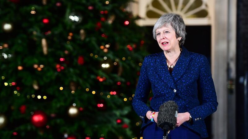 Theresa May makes a statement in 10 Downing Street   after she survived an attempt by Tory MPs to oust her with a vote of no confidence. Photograph:  Victoria Jones/PA