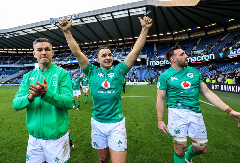 Ireland’s Johnny Sexton, James Lowe and Jack Conan celebrate their win against Scotland at Murrayfield on Sunday. Photograph: Dan Sheridan/Inpho