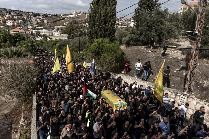 Hizbullah supporters carry the coffin of a Hizbullah militant killed during clashes against Israeli forces in the southern border of Lebanon on Wednesday. Photograph: Manu Brabo/Getty Images