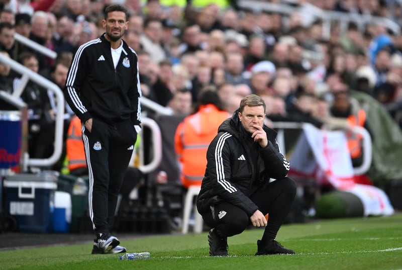 Eddie Howe with assistant manager Jason Tindall (left) during Newcastle's Premier League fixture against Aston Villa on December 26th. Photograph: Stu Forster/Getty Images