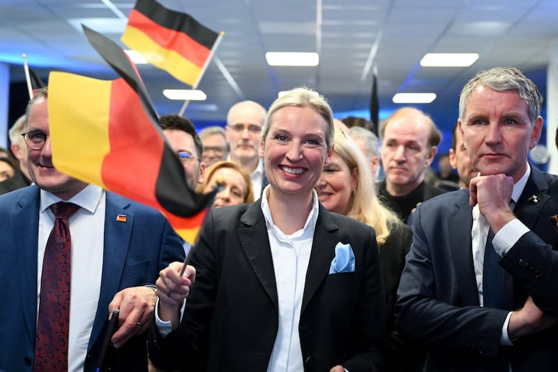 Co-leader of Germany's far-right Alternative for Germany (AfD) party Alice Weidel, with her co-leader Tino Chrupalla (left) and regional chairman in Thuringia Bjoern Hoecke (right) pictured during the electoral evening in Berlin. Photograph: Soeren Stache/AFP