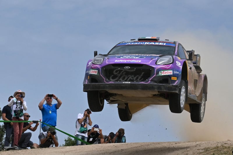 Craig Breen steers his Ford across Micky's Jump during the SS15 special near Pattada of the Rally of Sardegna in June 2022. Photograph: Andreas Solaro/AFP/Getty Images