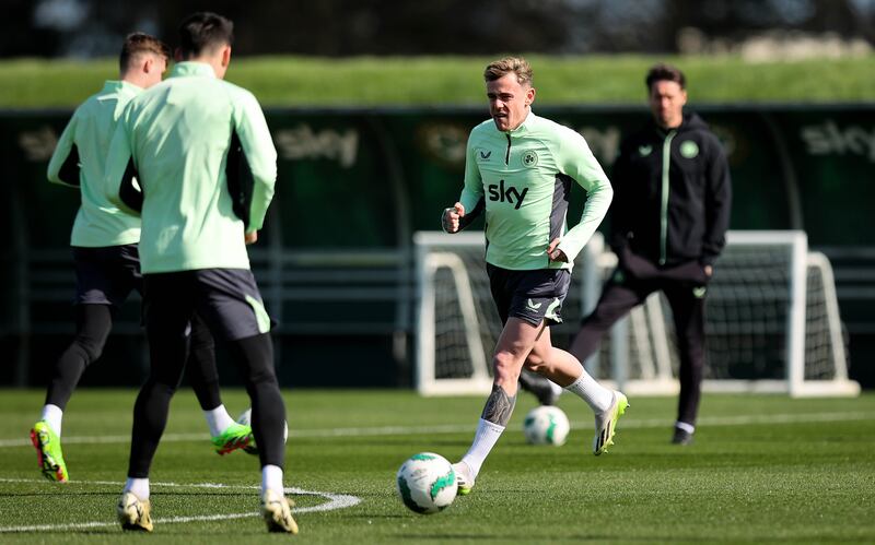 Blackburn's Sammie Szmodics taking part in Ireland's training session at the FAI National Training Centre, Blanchardstown. He should finally make his long-awaited Irish debut on Saturday. Photograph: Ryan Byrne/Inpho 