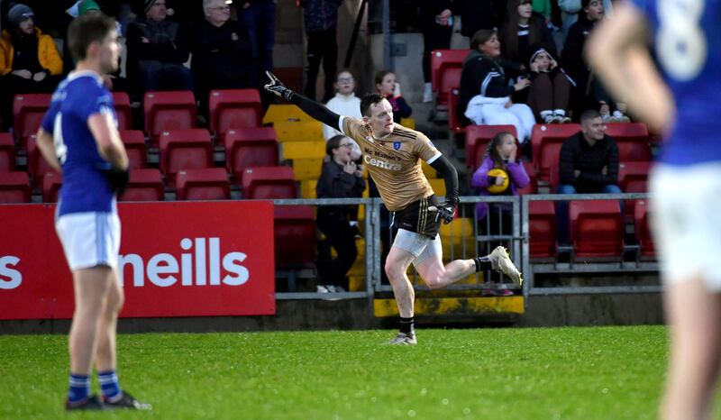 Scotstown goalkeeper Rory Beggan celebrates after scoring the winning point against Kilcoo in the Ulster SFC quarter-final two weeks ago. Photograph: Andrew Paton/Inpho