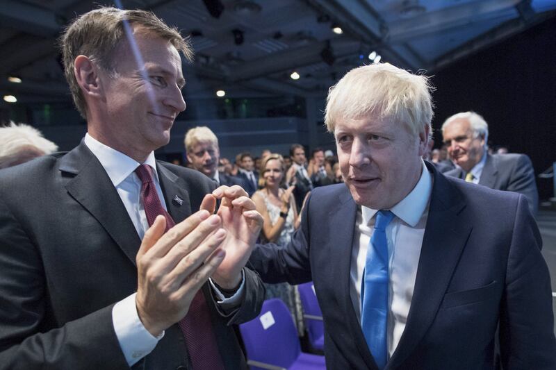 UK foreign secretary Jeremy Hunt (left) congratulates Boris Johnson, the new leader of the Conservative party of the party leadership contest in London on Tuesday. Photograph: Stefan Rousseau/Pool via Bloomberg