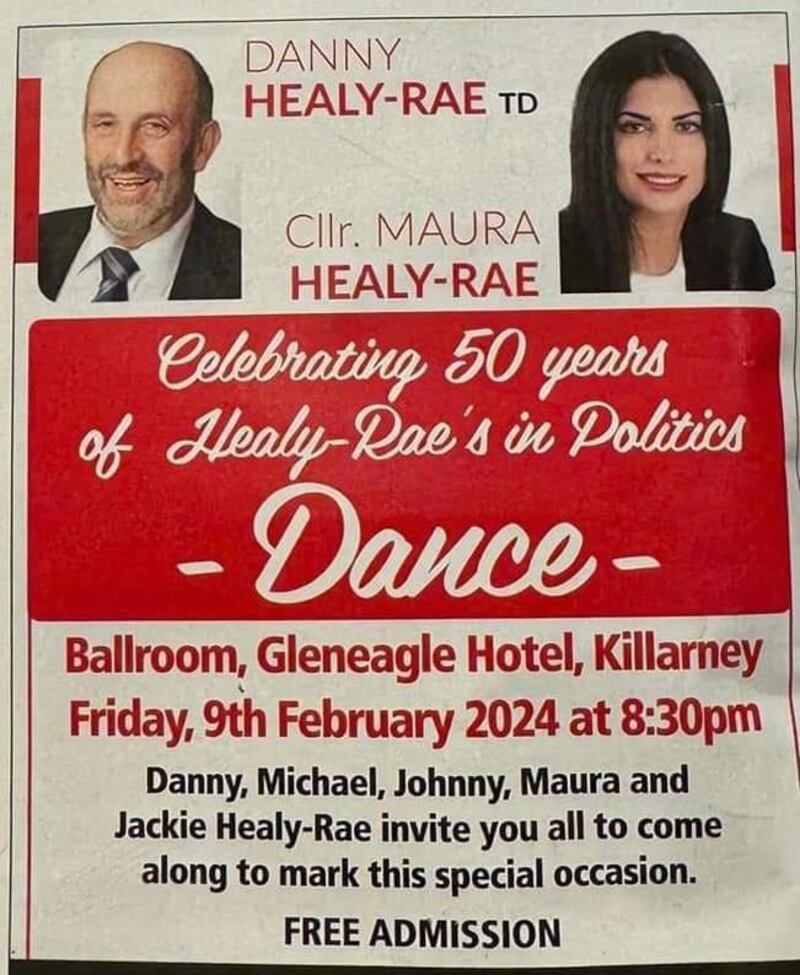 The public flyer issued marking the Healy-Rae family's 50 years in politics in Killarney, Co Kerry on Friday, February 9th.