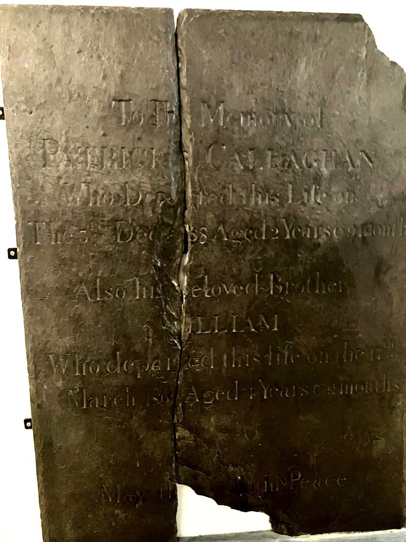 The original gravestone for Patrick and William Callaghan on Skellig Micheal