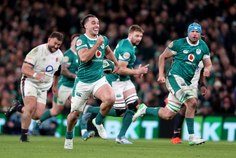 Ireland’s James Lowe breaks on the way to setting up Tadhg Beirne to score their third try. Photograph: Dan Sheridan/Inpho